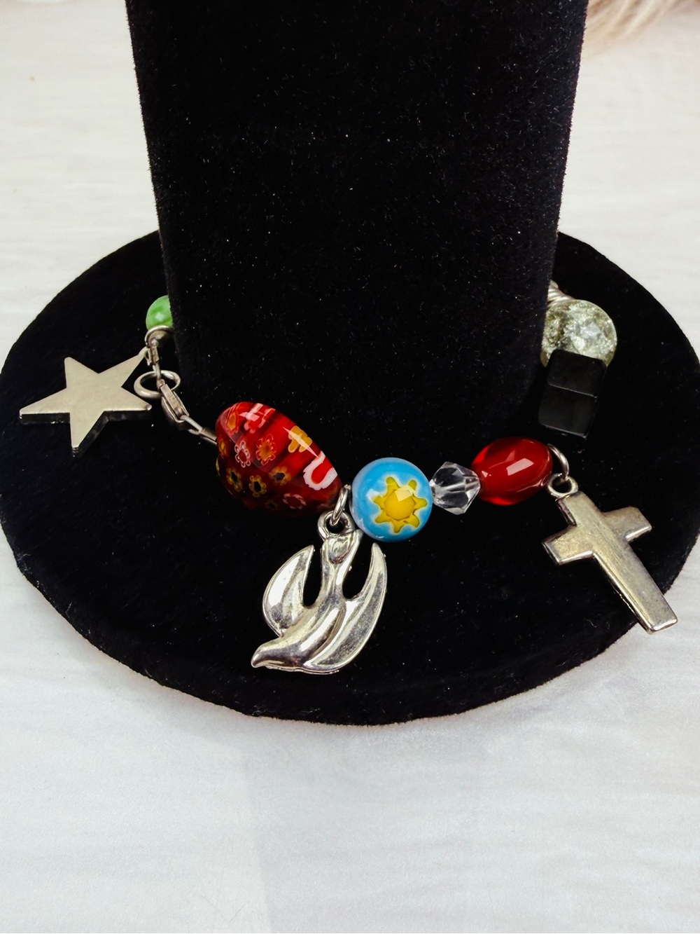 Vintage Multicolor Cross Dove Charm Beaded Bracelet